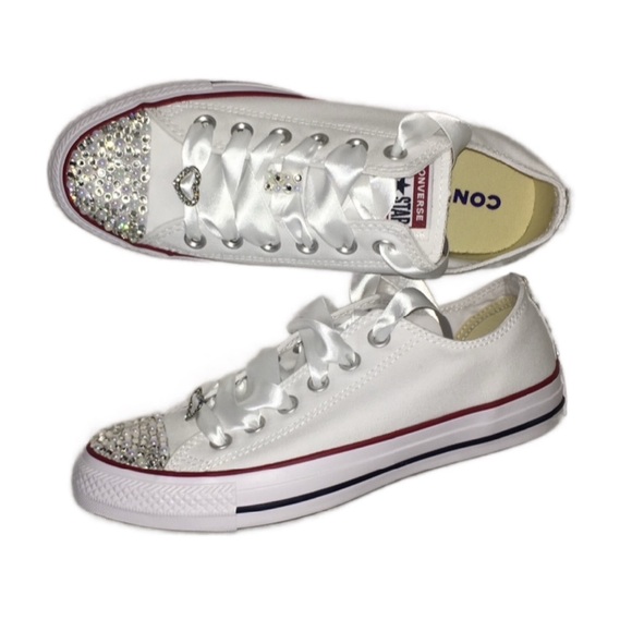 Diamonds Pearls & Charms Low Top Original Converse Sizes 5-14 With Ribbon Laces - Picture 4 of 15
